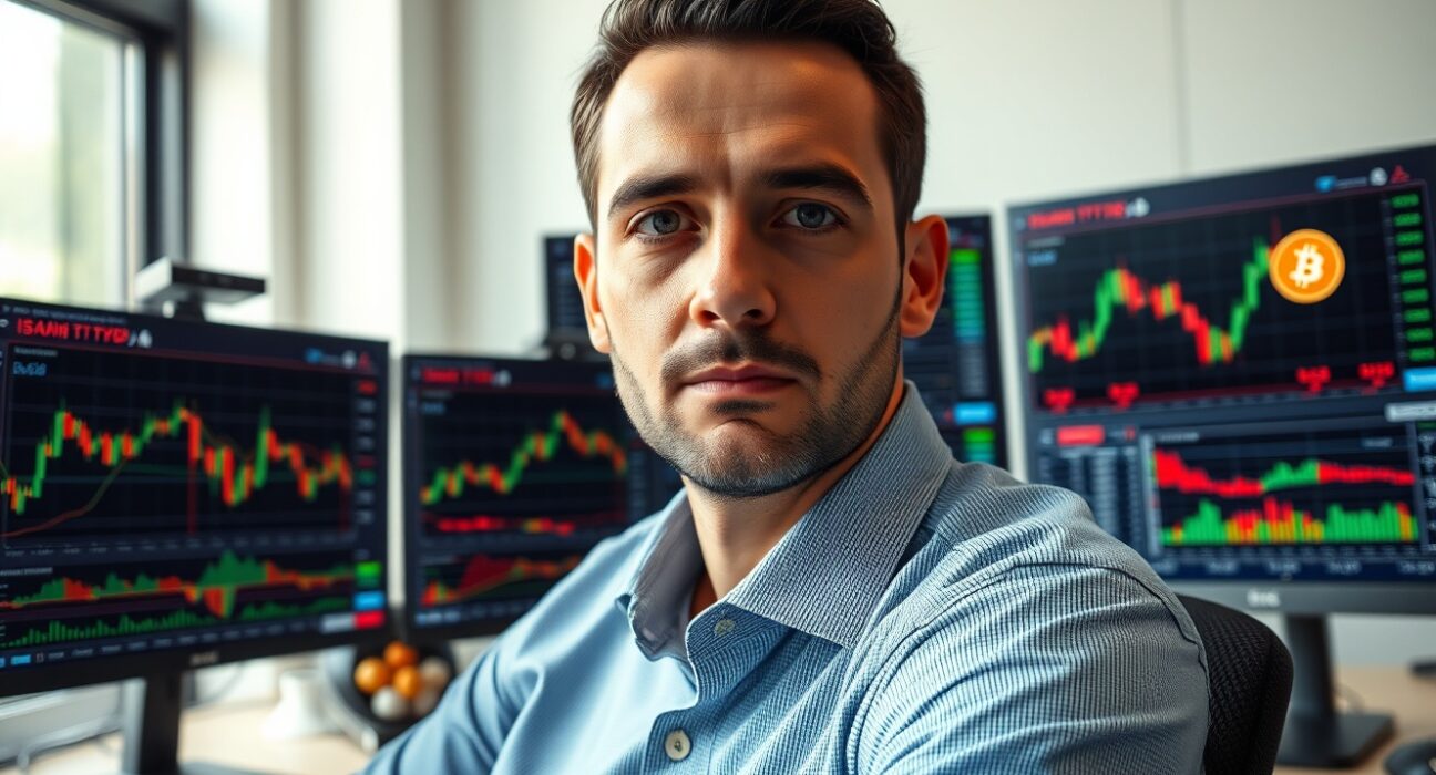 Financial analyst reviewing Bitcoin ETF chart data on multiple monitors in a modern office
