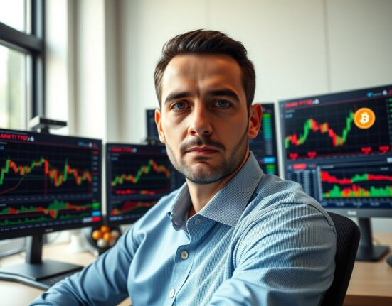 Financial analyst reviewing Bitcoin ETF chart data on multiple monitors in a modern office