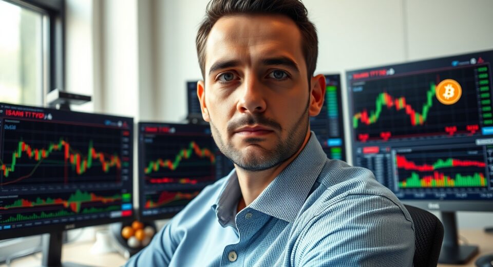 Financial analyst reviewing Bitcoin ETF chart data on multiple monitors in a modern office