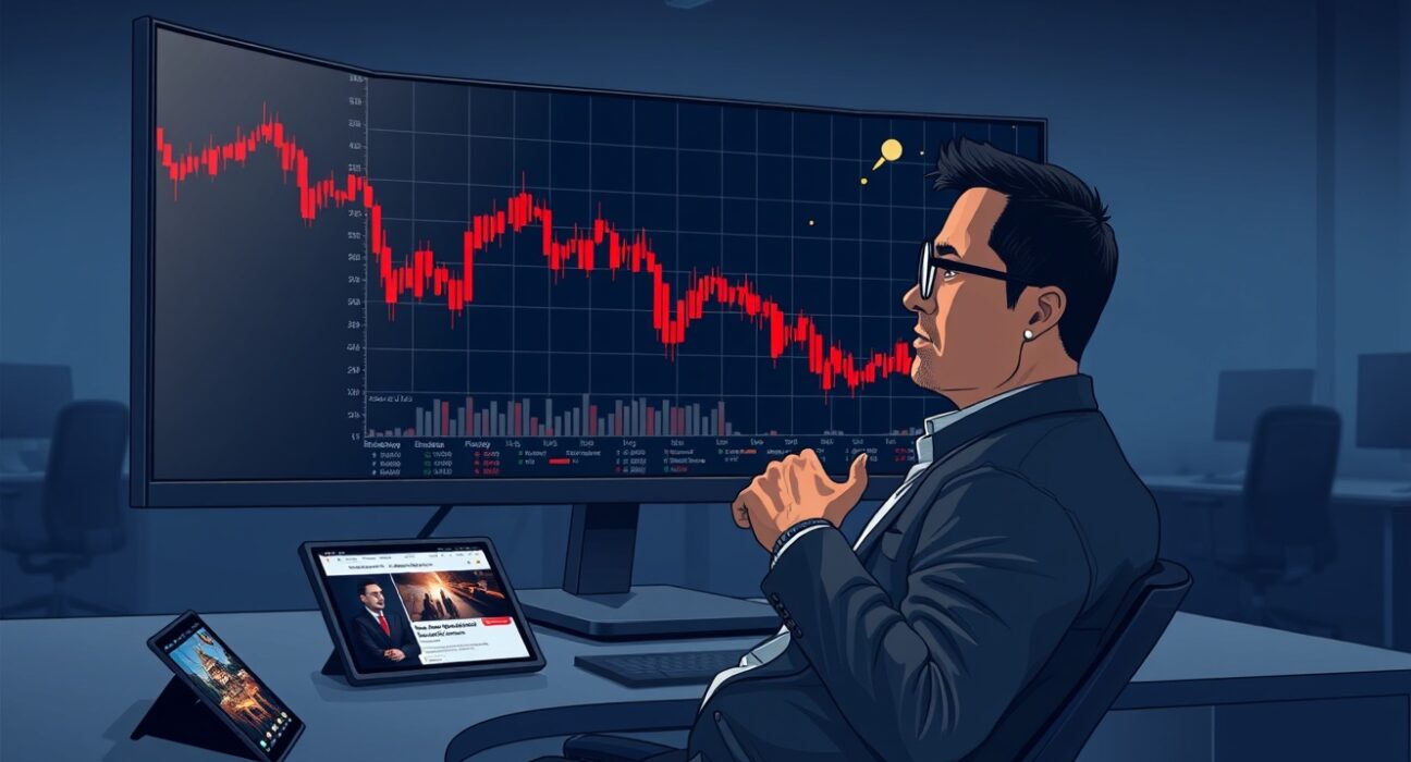 Institutional trader analyzing Bitcoin ETF outflows and market volatility on a trading desk.