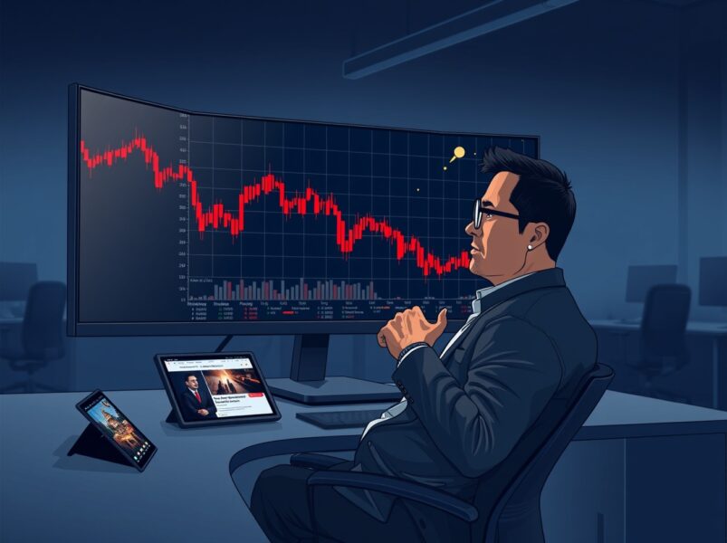Institutional trader analyzing Bitcoin ETF outflows and market volatility on a trading desk.