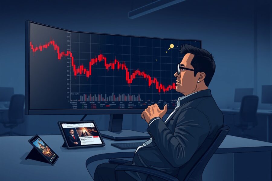 Institutional trader analyzing Bitcoin ETF outflows and market volatility on a trading desk.
