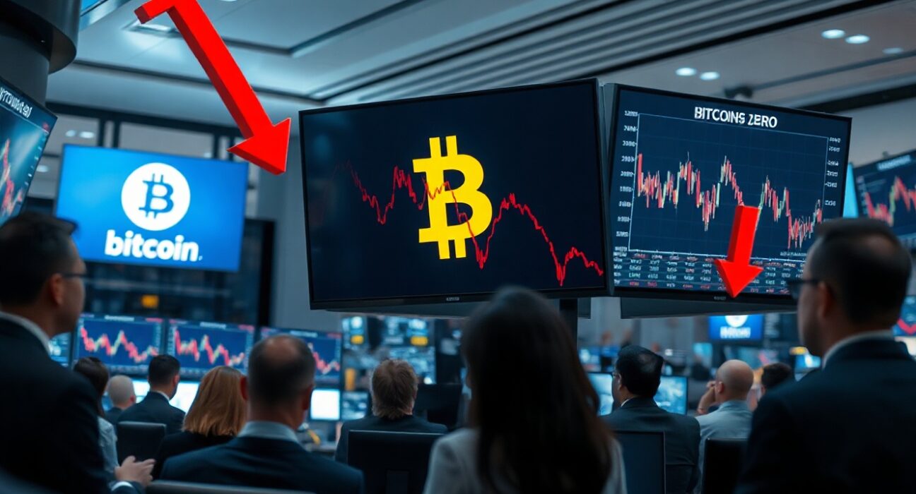 Trading floor with Bitcoin price charts showing red downward trends