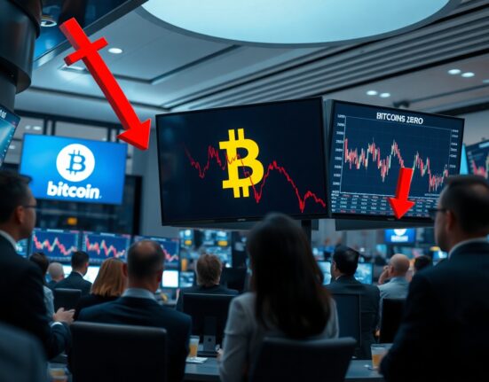 Trading floor with Bitcoin price charts showing red downward trends