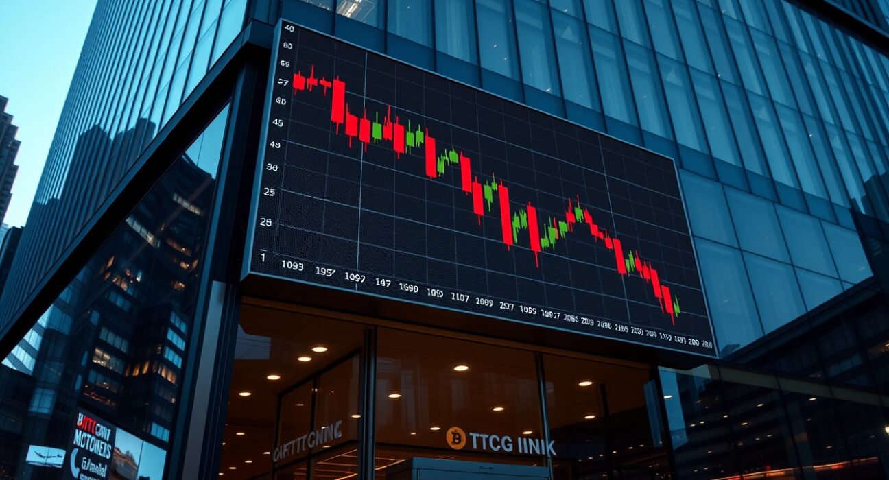 A digital display showing a declining Bitcoin price chart outside a financial building at dusk.