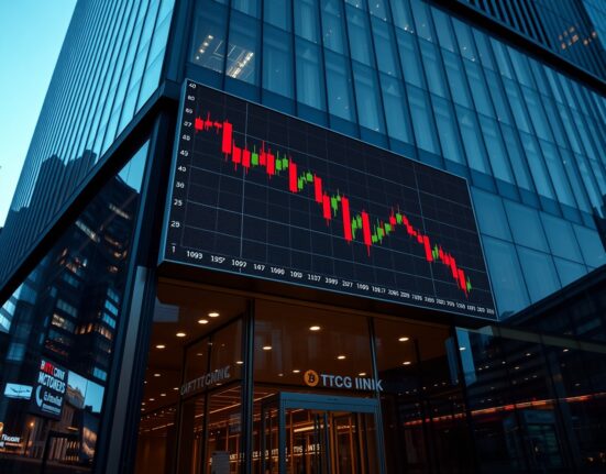 A digital display showing a declining Bitcoin price chart outside a financial building at dusk.