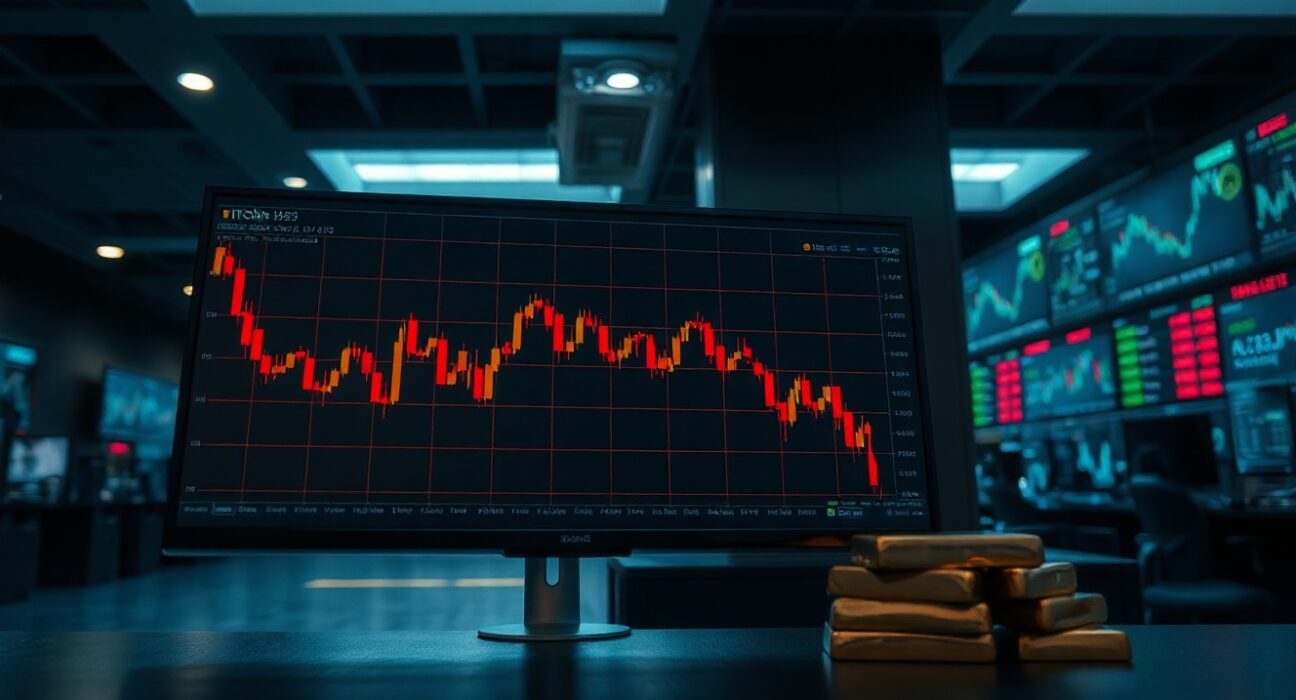 Trading monitor showing declining Bitcoin price chart next to gold bars on a desk