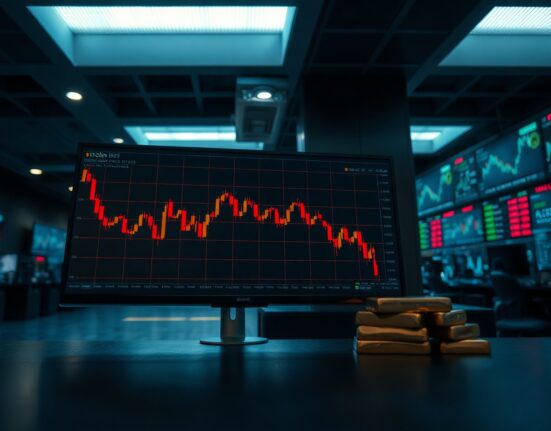 Trading monitor showing declining Bitcoin price chart next to gold bars on a desk