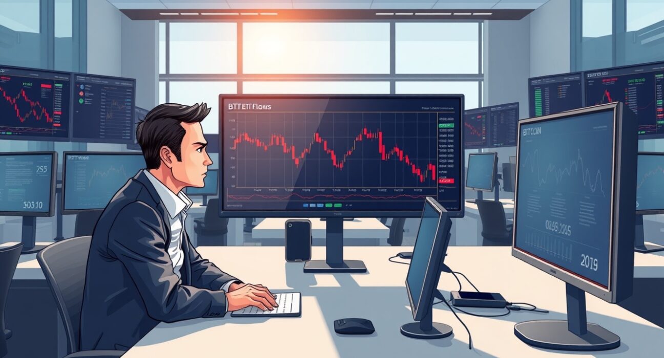 Financial analyst monitoring Bitcoin ETF outflow data showing negative institutional demand trends