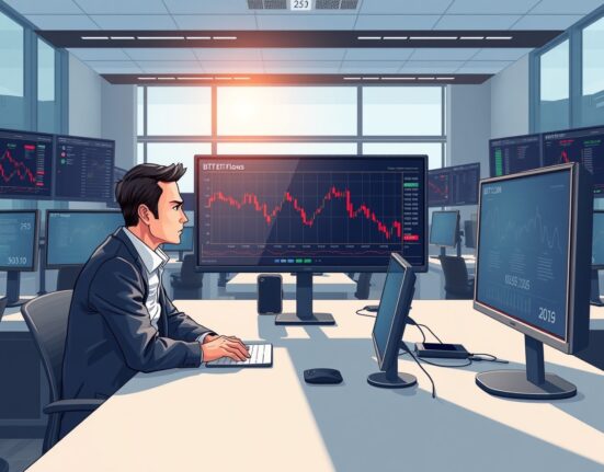 Financial analyst monitoring Bitcoin ETF outflow data showing negative institutional demand trends