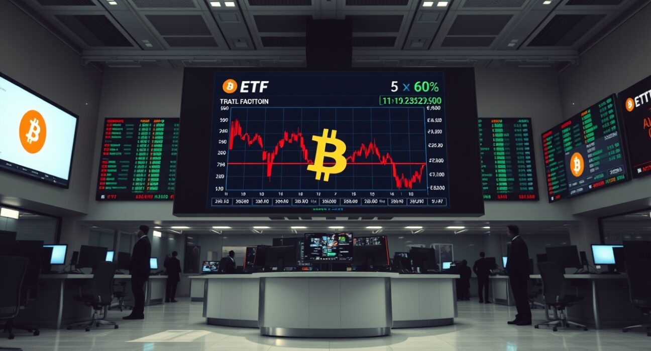Trading floor screens showing Bitcoin price decline and ETF outflows