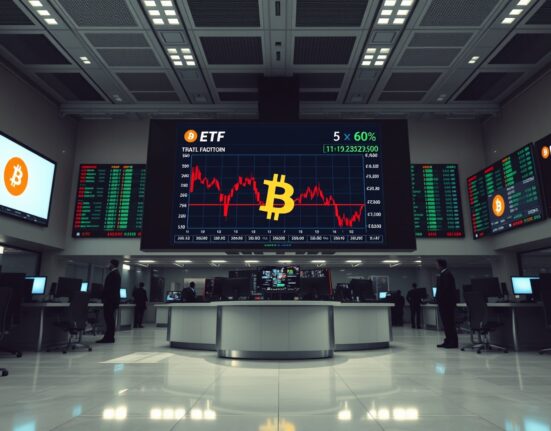 Trading floor screens showing Bitcoin price decline and ETF outflows