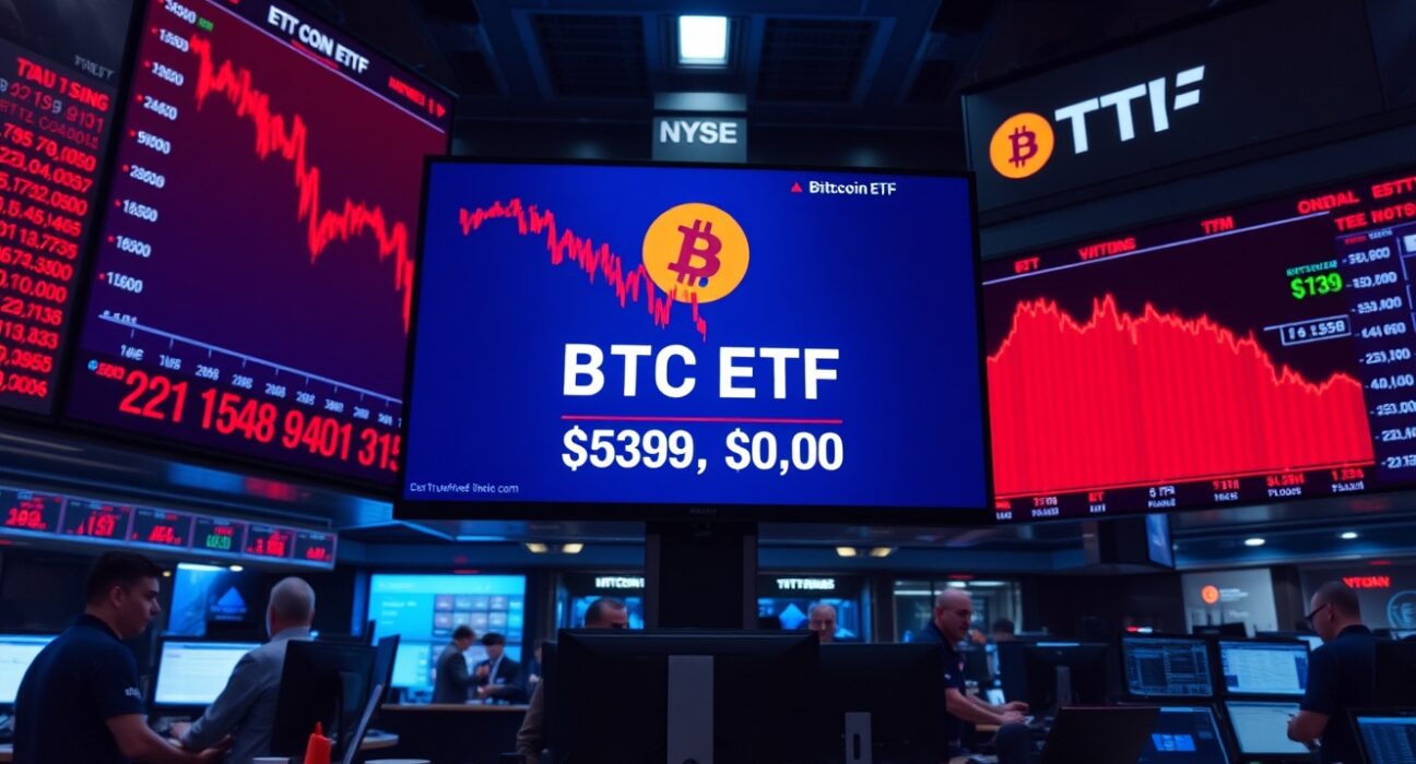 Financial trading floor with digital screens showing Bitcoin ETF outflows and declining charts