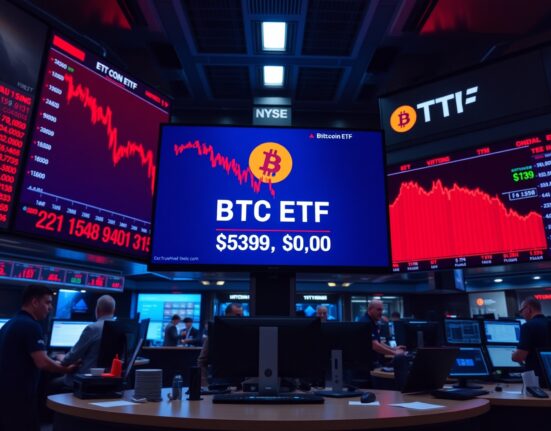 Financial trading floor with digital screens showing Bitcoin ETF outflows and declining charts