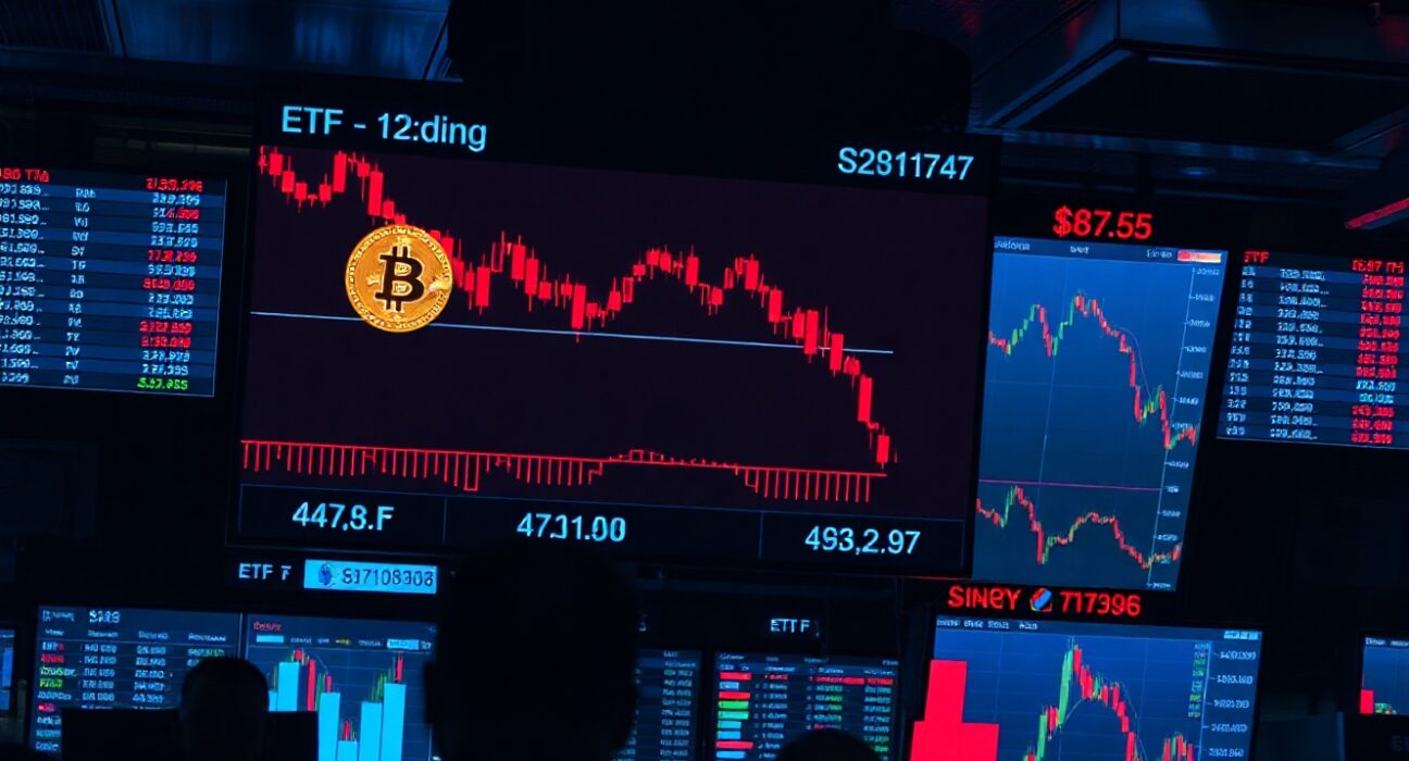 Trading floor monitors showing Bitcoin price charts and ETF data with red downward trend.