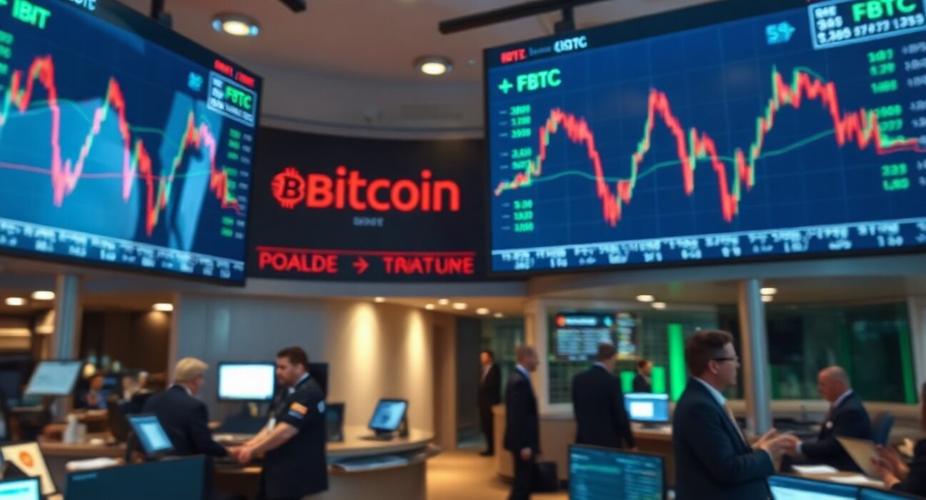 Trading floor screens showing Bitcoin ETF price data and outflows