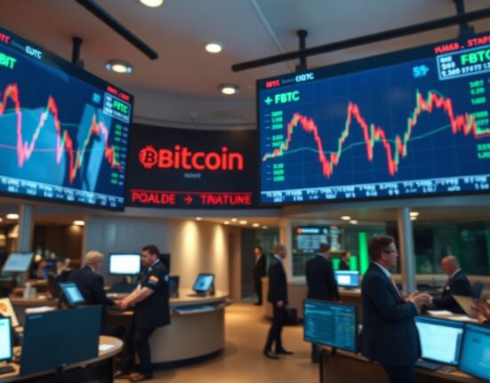 Trading floor screens showing Bitcoin ETF price data and outflows