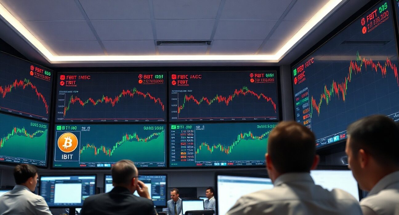 Financial trading floor with Bitcoin ETF price charts on large digital screens