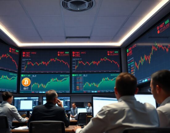 Financial trading floor with Bitcoin ETF price charts on large digital screens