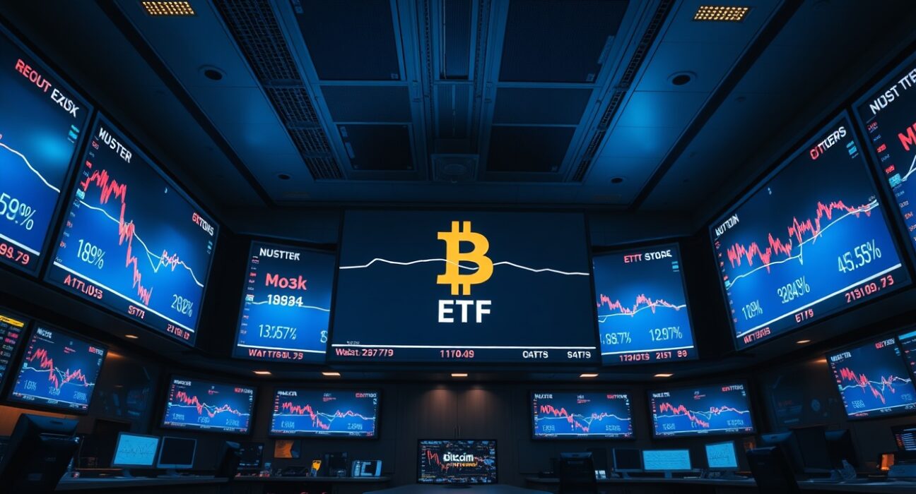 Trading floor screens showing Bitcoin ETF outflows with red indicators and price charts