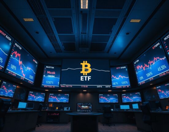 Trading floor screens showing Bitcoin ETF outflows with red indicators and price charts