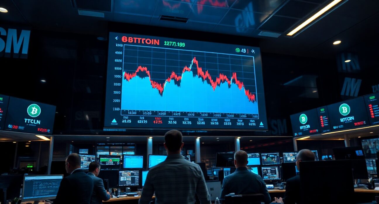 Bitcoin price chart showing red decline on a trading floor display
