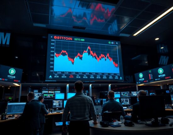 Bitcoin price chart showing red decline on a trading floor display