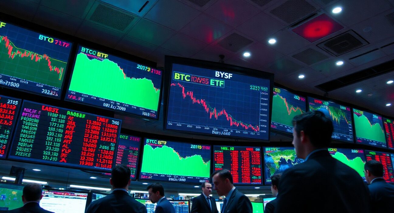 Financial trading floor with digital screens showing Bitcoin ETF outflows and price charts