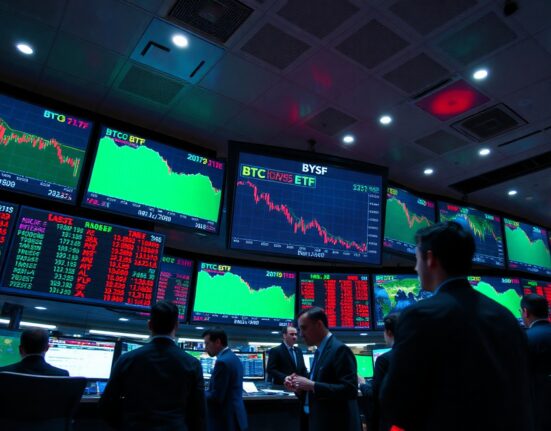 Financial trading floor with digital screens showing Bitcoin ETF outflows and price charts