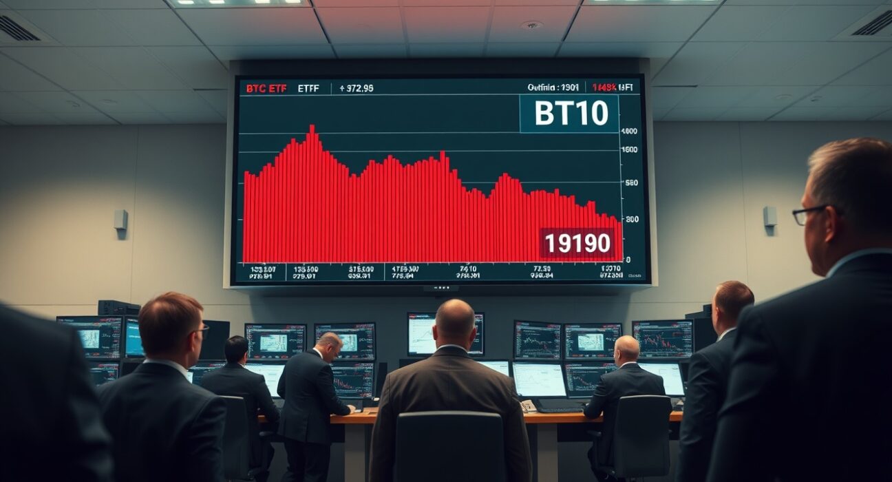 Traders on a financial floor observing Bitcoin ETF outflow data on monitors