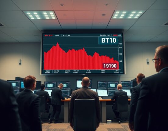 Traders on a financial floor observing Bitcoin ETF outflow data on monitors
