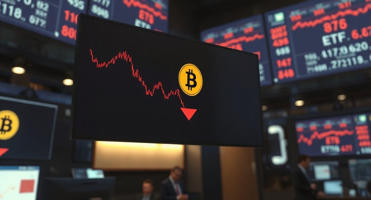 Trading floor screens display Bitcoin price and ETF outflow data with red indicators.