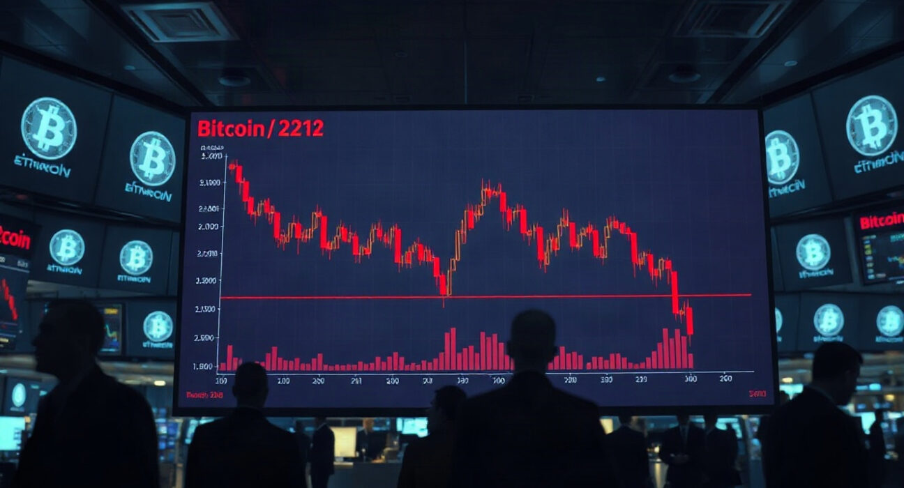 Trading floor display showing Bitcoin price decline amid ETF outflows