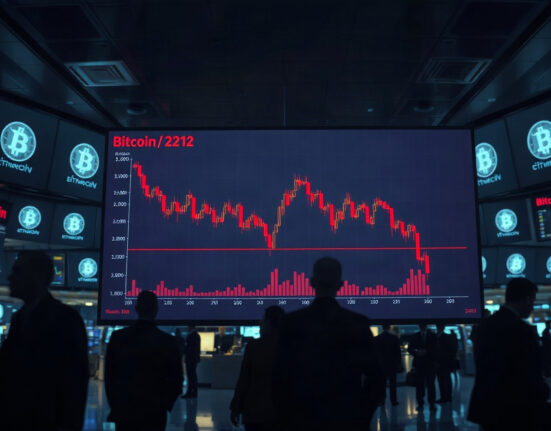 Trading floor display showing Bitcoin price decline amid ETF outflows