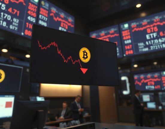 Trading floor screens display Bitcoin price and ETF outflow data with red indicators.