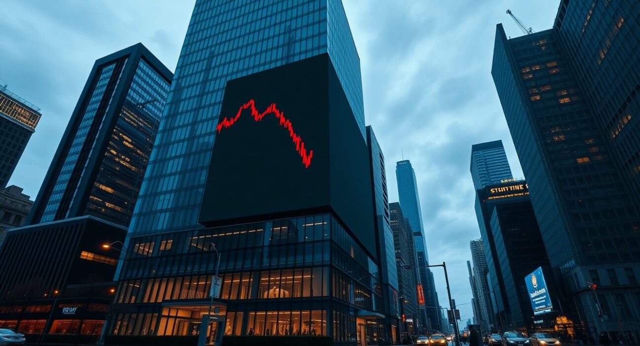 Bitcoin price chart in decline on a digital display above a city financial district skyline at dusk