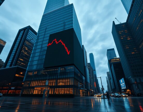 Bitcoin price chart in decline on a digital display above a city financial district skyline at dusk