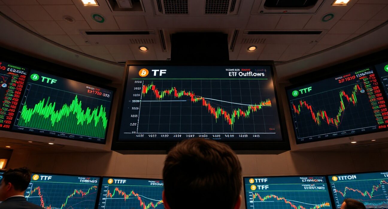Trading floor screens showing Bitcoin ETF outflow data and declining chart