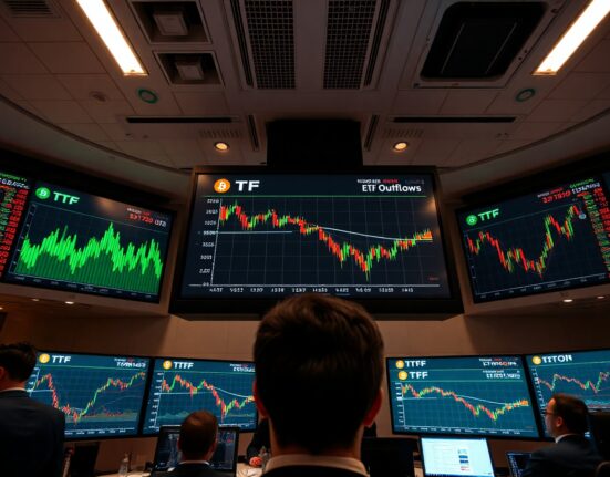Trading floor screens showing Bitcoin ETF outflow data and declining chart