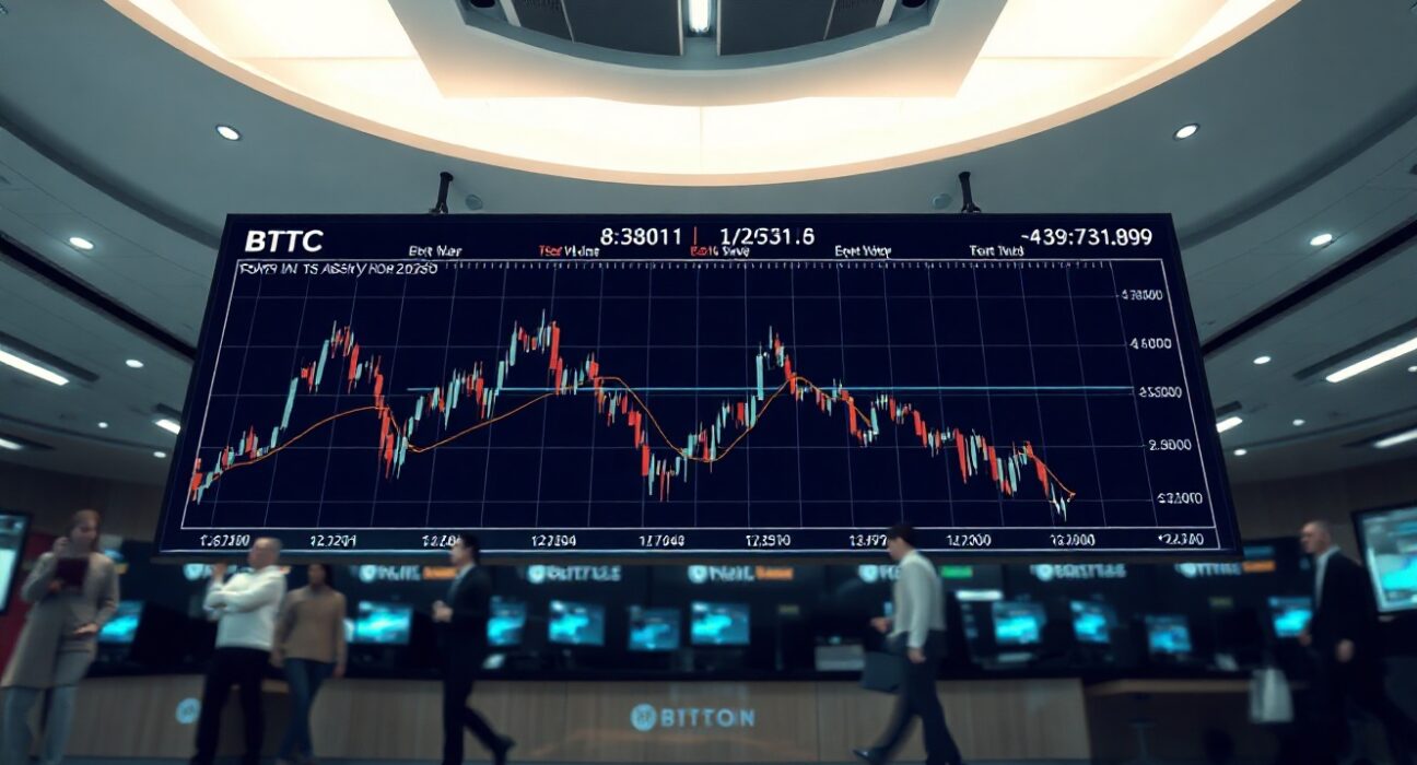Bitcoin price chart on a digital board showing slowing decline, representing easing ETF sell pressure.