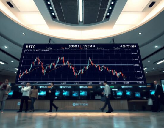 Bitcoin price chart on a digital board showing slowing decline, representing easing ETF sell pressure.