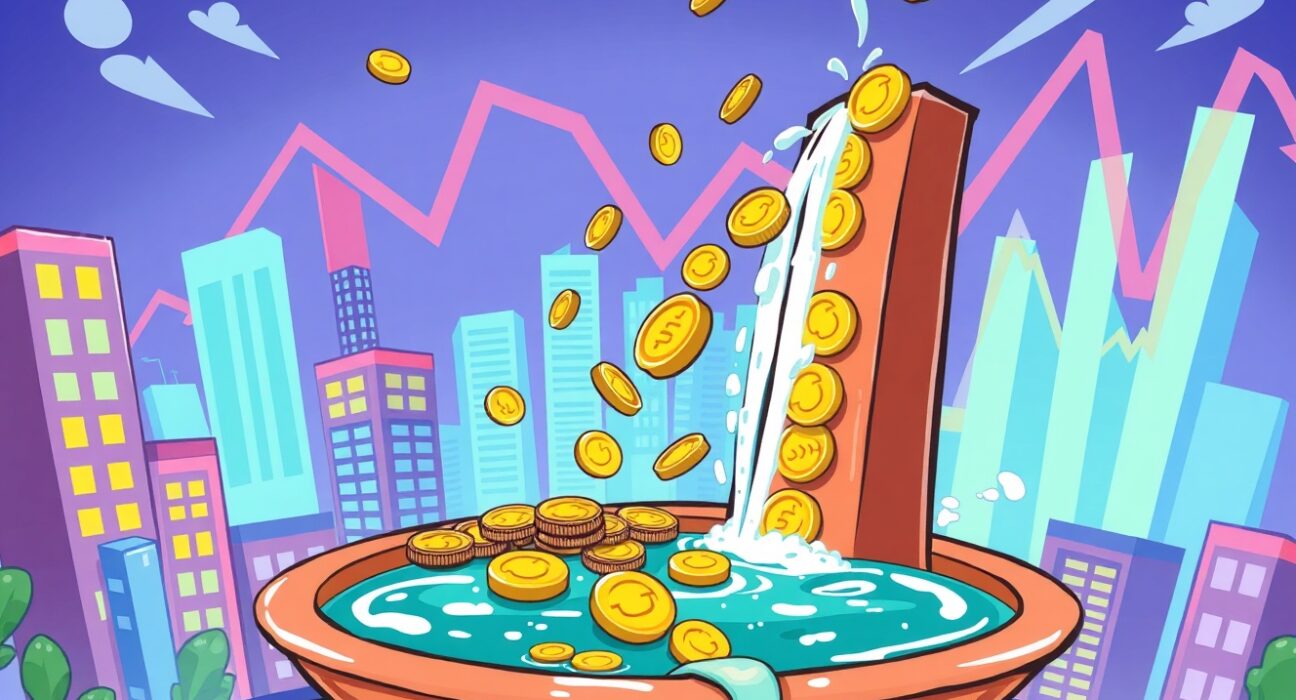 A vibrant cartoon illustrating the sudden reversal of Bitcoin ETF investment flows from positive to negative.