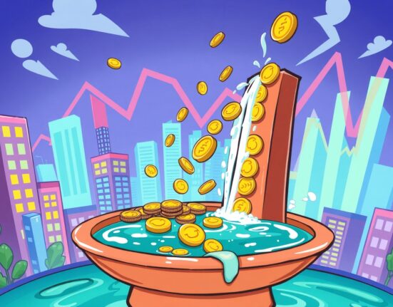 A vibrant cartoon illustrating the sudden reversal of Bitcoin ETF investment flows from positive to negative.