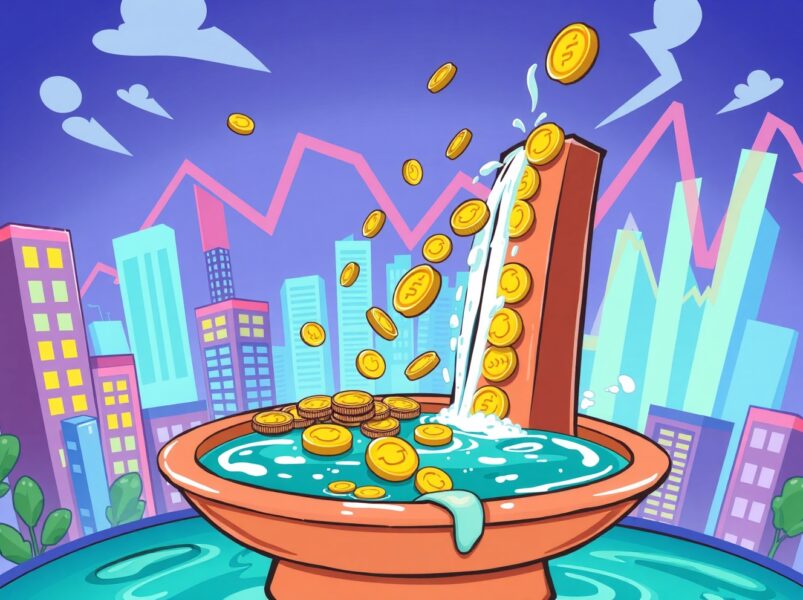 A vibrant cartoon illustrating the sudden reversal of Bitcoin ETF investment flows from positive to negative.