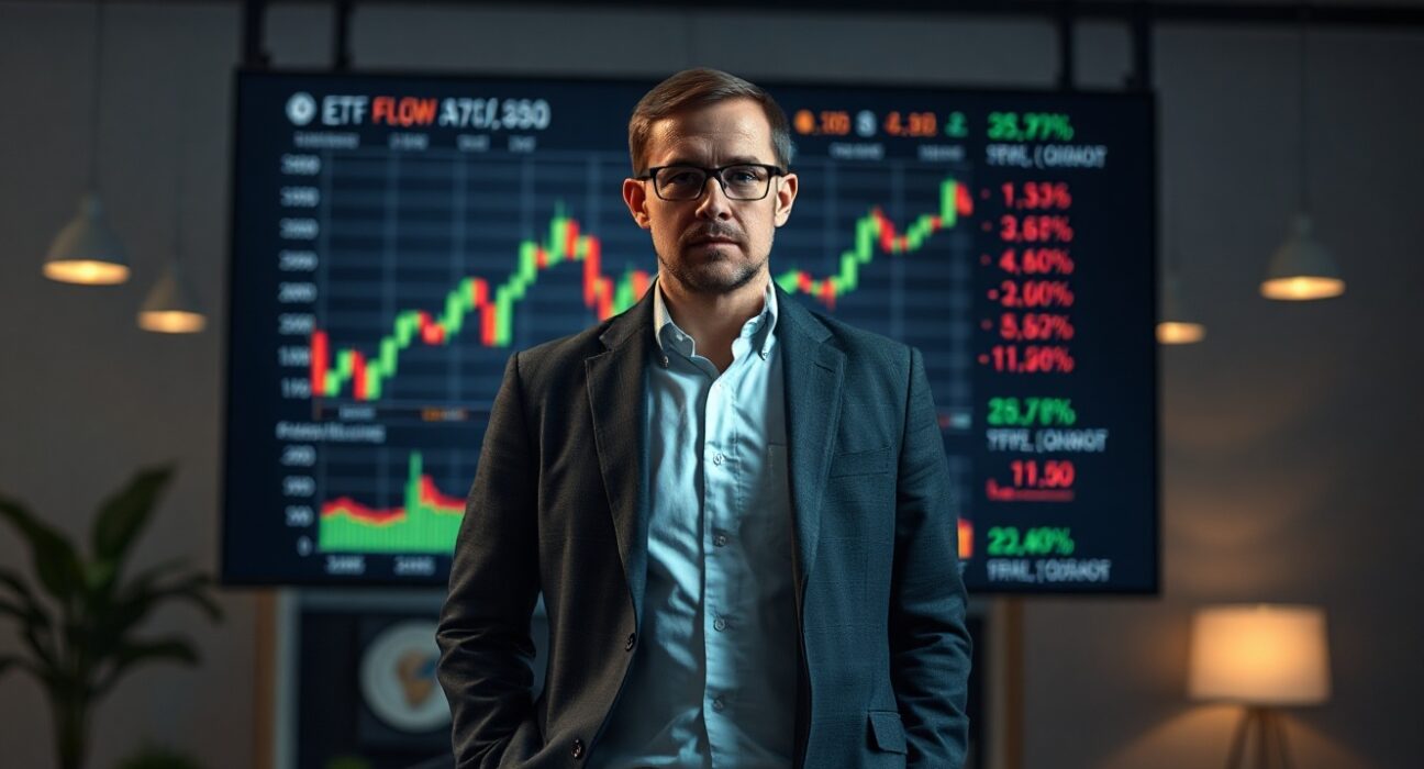Bloomberg analyst Eric Balchunas in a newsroom with a Bitcoin chart on screen
