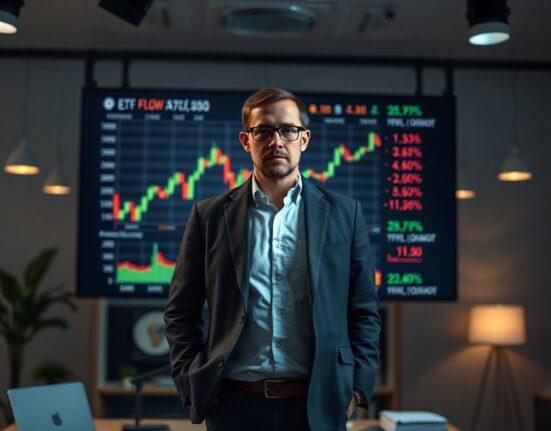 Bloomberg analyst Eric Balchunas in a newsroom with a Bitcoin chart on screen