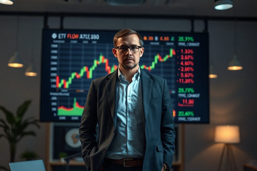 Bloomberg analyst Eric Balchunas in a newsroom with a Bitcoin chart on screen