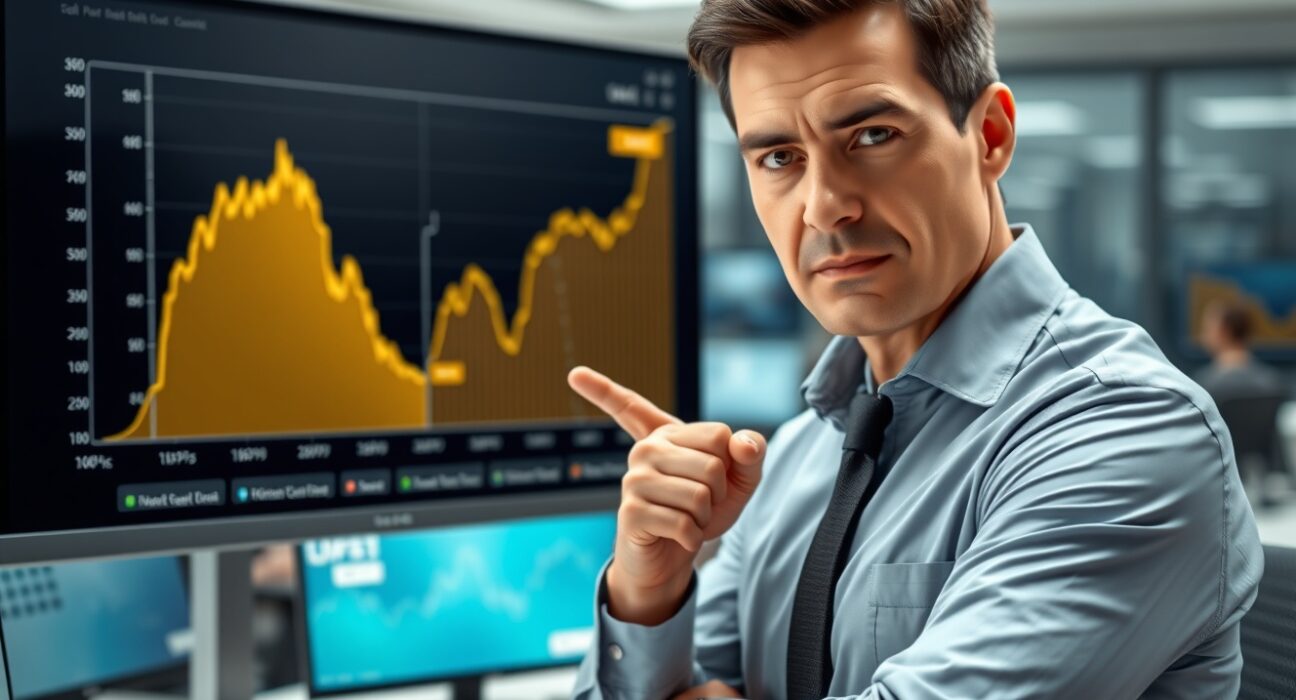 Financial analyst compares Bitcoin ETF and gold performance charts in a newsroom, illustrating Bloomberg's market analysis.