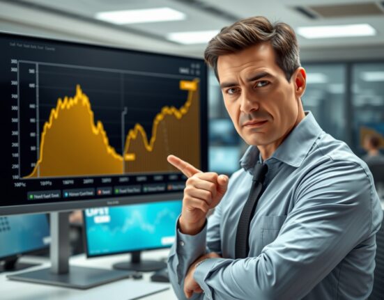 Financial analyst compares Bitcoin ETF and gold performance charts in a newsroom, illustrating Bloomberg's market analysis.