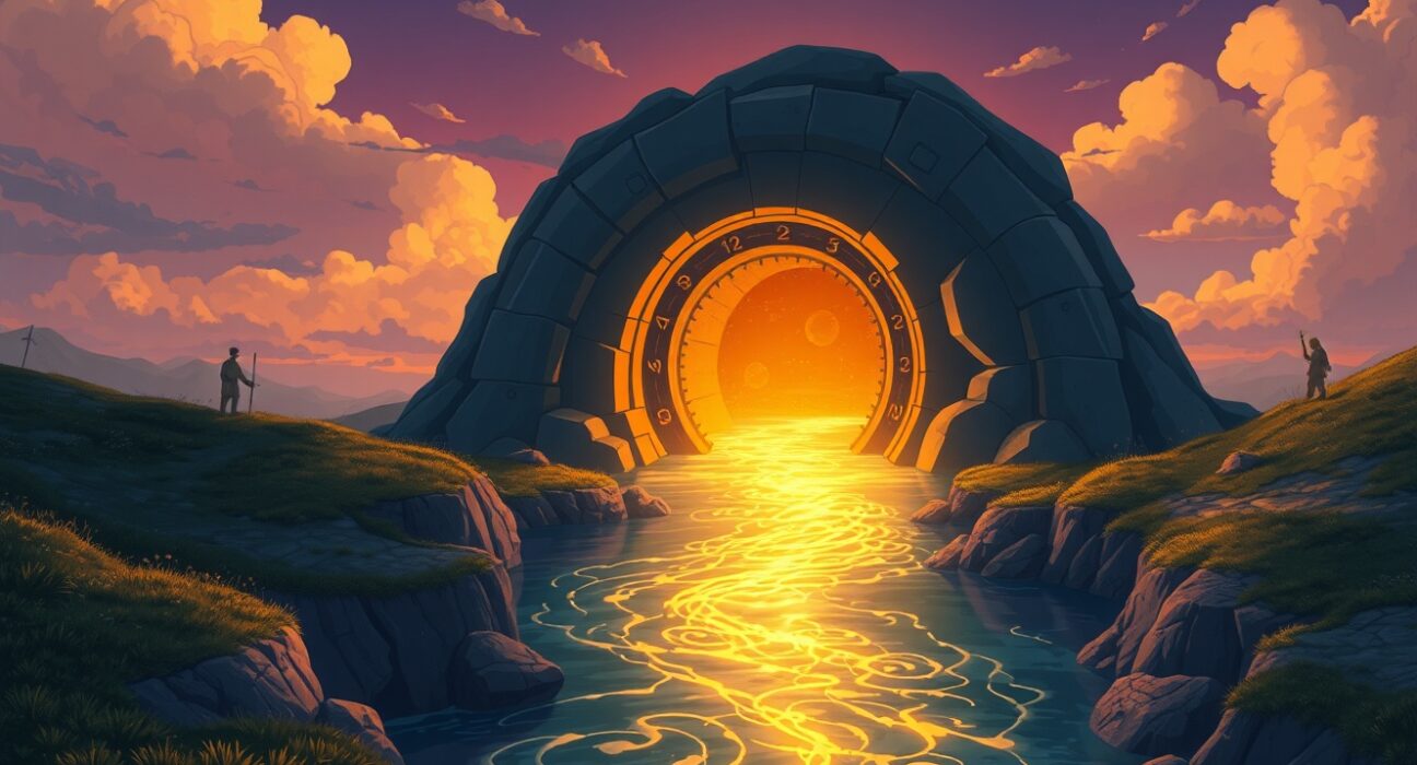 Conceptual art representing massive capital inflows into Bitcoin ETFs as a golden river of investment.